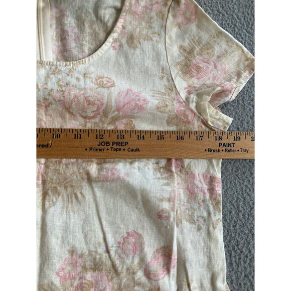 Eileen West Mini Dress 10P Linen Floral Short Sleeve Cream Pink Cottage Retro 10 - Picture 12 of 16